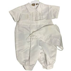 Vintage Infant One Piece Tuxedo Suit 18 months White Christening Buttons Hat